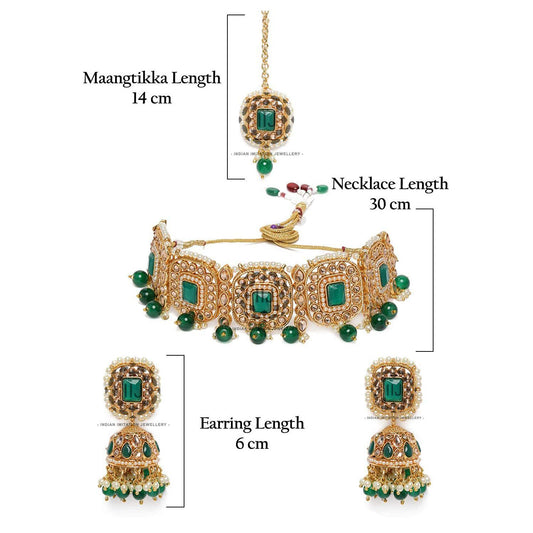 Green choker set with jhumkis handcrafted with fancy beads