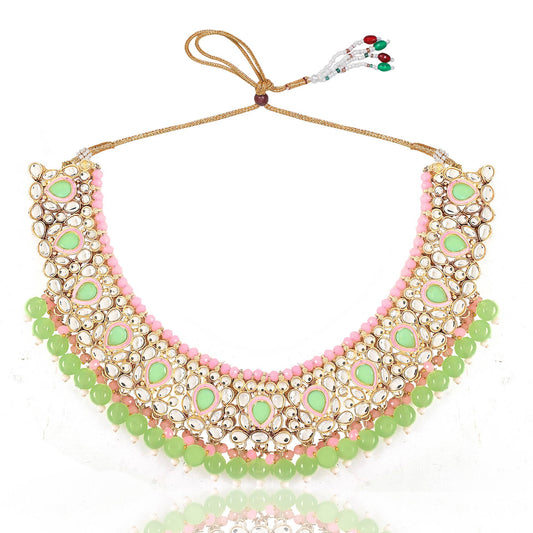 Pink and Mint Green Beads Kundan Neckalce Set