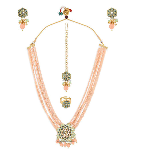 Long Necklace with bandhai peach Moti