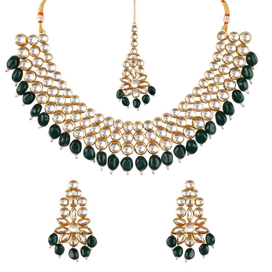 Long Layered dabbi kundan necklace with green tumbles