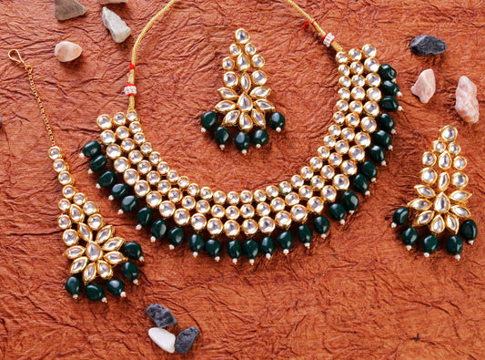 Long Layered dabbi kundan necklace with green tumbles