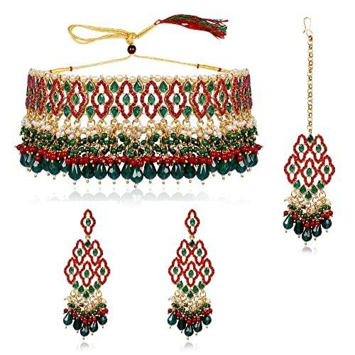 Gold Plated Choker Set in Ruby Green colour