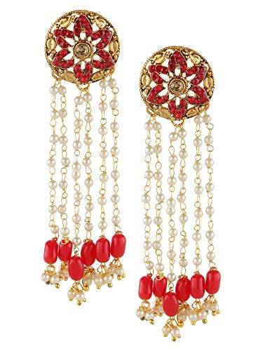 Studs Earrings with Classic Brass Chain and red beads