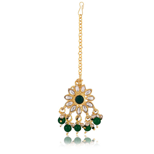 Exclusive Rajasthani Gold Imitation Kundan and Meenakari Choker Necklace Set with Earrings in Green Beads