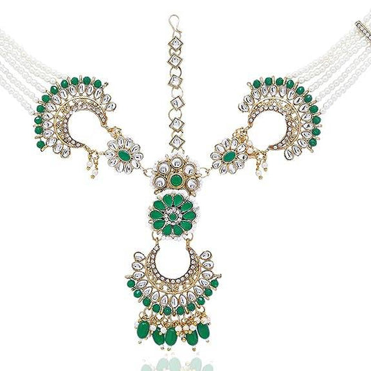 high gold plated matha patti with green and white beads