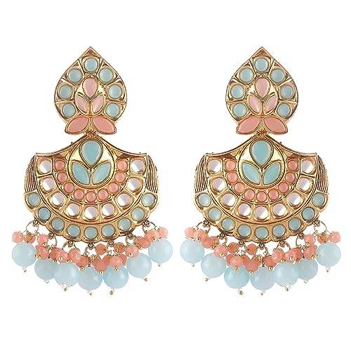 high gold plated attractive earring with peach and firozi stones