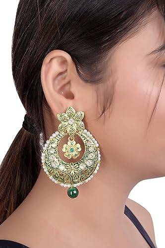 Gold plated earring with American Diamond in green Minakari