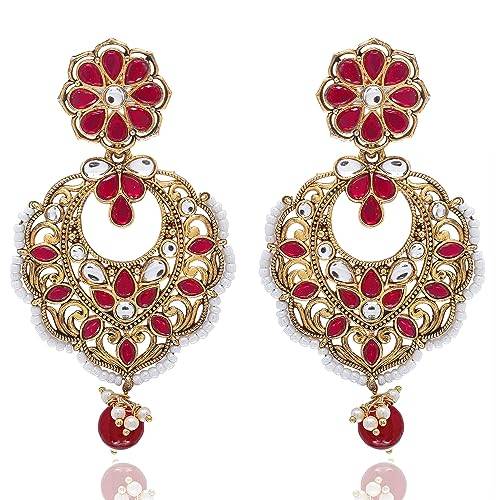 Gold Plated Eaarings with red beads and white bandhai work