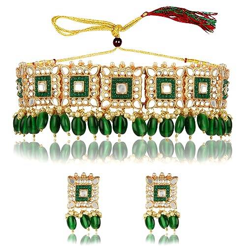 high gold choker set with glass beads and green tumbles