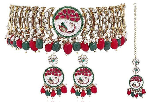 chokar necklace with ruby green combo tumbles