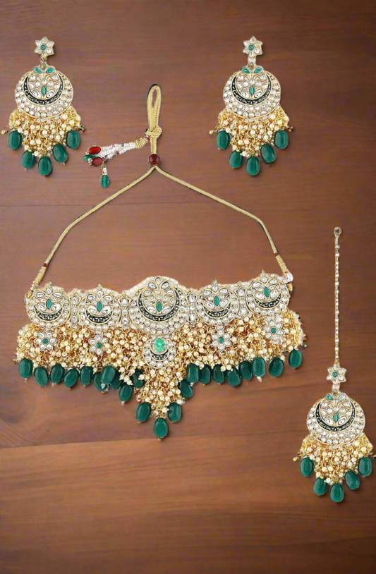 Green Meenakari Bridal Choker Necklace Earring & Maangtikka Set For Women