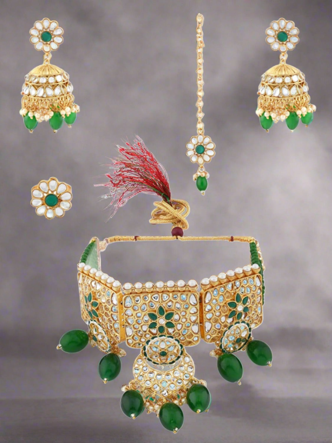 Green Bridal rajwadi concept kundan set with glass fittings