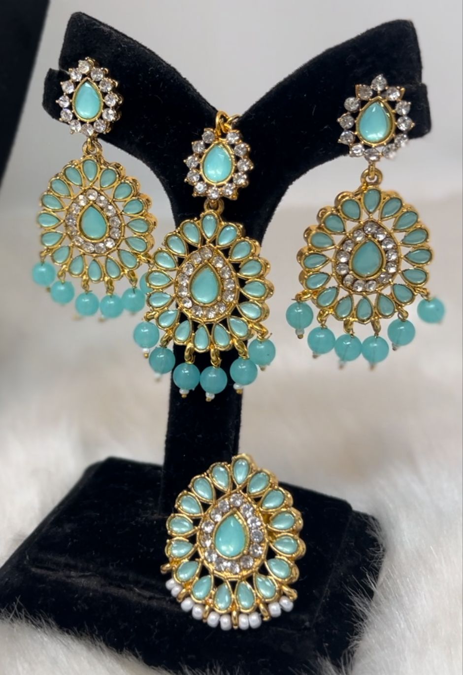 Turquoise Blue Dazzling Stones Sleek Necklace Earring & Ring Set For Women Light Firozi long