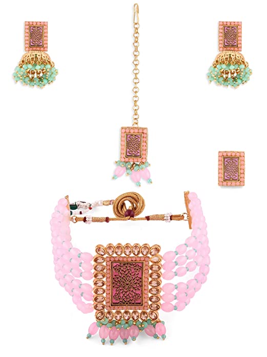 Thewa work Jewellery Pink choker Set with rare glass oval beads and fittings