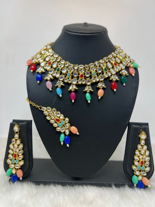 Heavy Looked Multicolor Kundan & Beads Studded Choker Necklace Set For Women