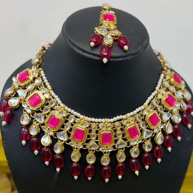 Ruby Color Stones Embellished Fusion Necklace Earring & Ring Set For Women