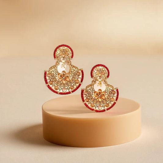Gold Plated Earring with Red Bandhai Work