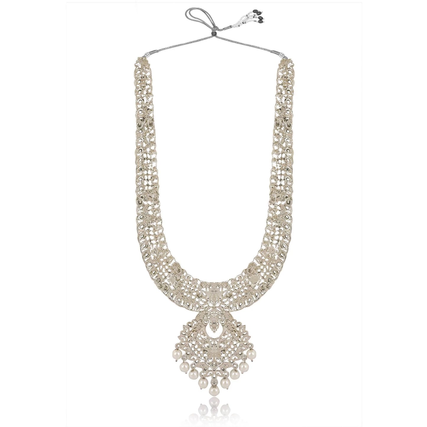 Silver Plated Long Necklace with white pearls