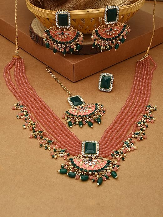 Gajari & Green Multistrands Bridal Necklace Earring Maangtikka & Ring Set For Women ...