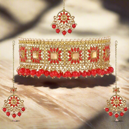 Gold Plated Red Choker Set with Red Beads