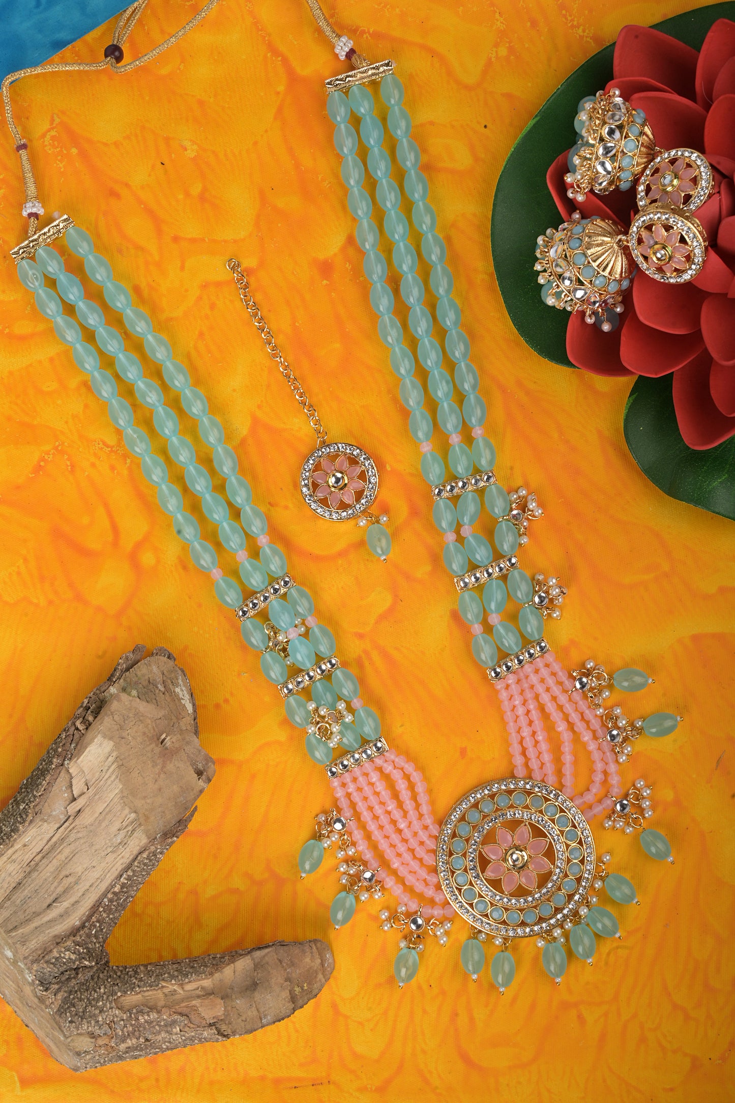 Long Necklace With Bandhai Peach Moti