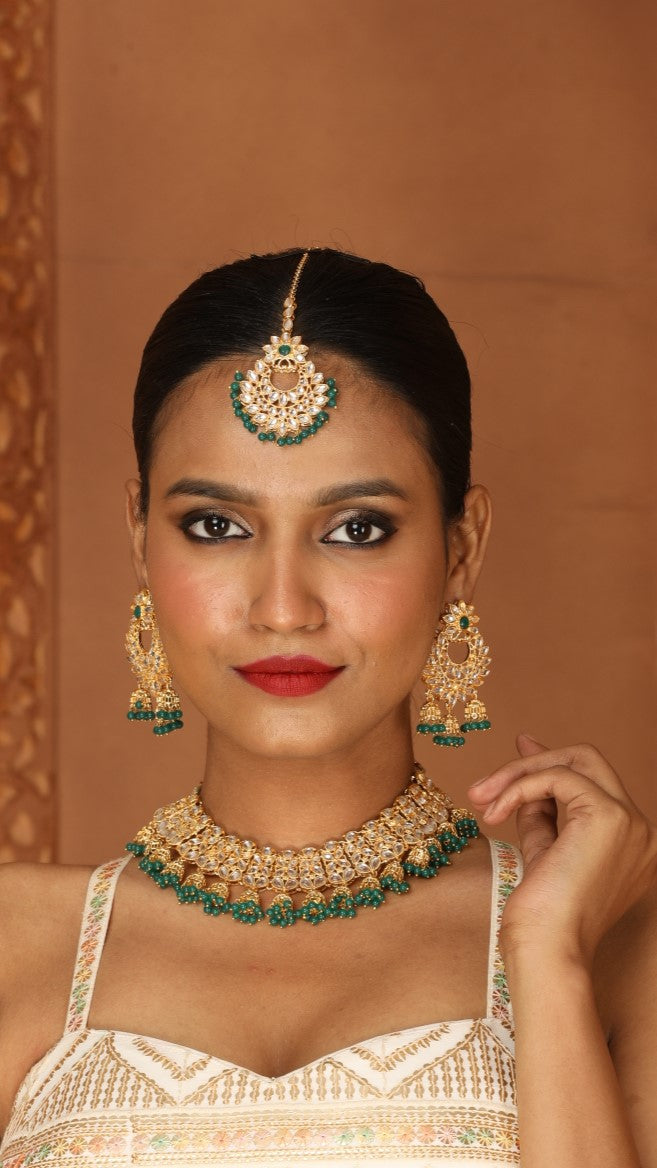 Gold Plated Necklace with Small Jhumkis and Green Beads