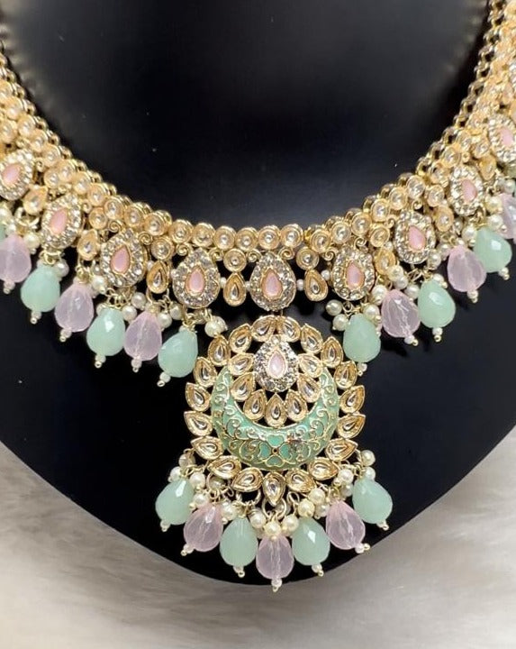 Pink Green Beads Kundan Necklace Earring & Maangtikka Set For Women-