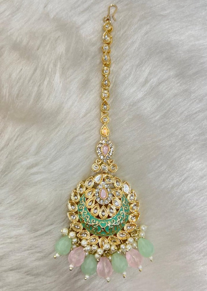 Pink Green Beads Kundan Necklace Earring & Maangtikka Set For Women-