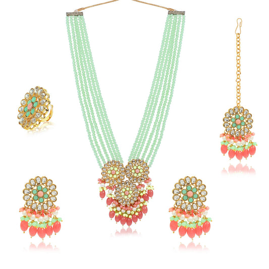 Long Layered Necklace in Mint Green and Gajari Colour with Boutique Pendant Description - along with maang tikka, earrings and ring