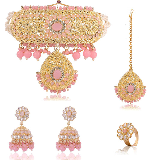 Gold Plated Rajasthani choker Set with bandhai work Decription - Pink Colour Choker Set with jhumki and tikka