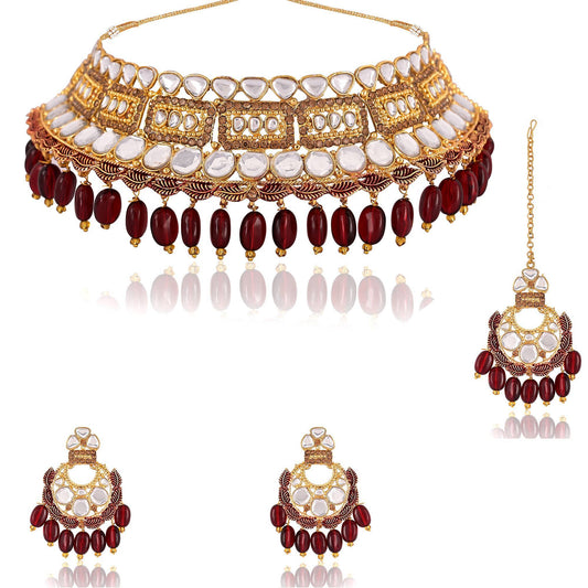Gold Plated Necklace with Maroon Dumbles