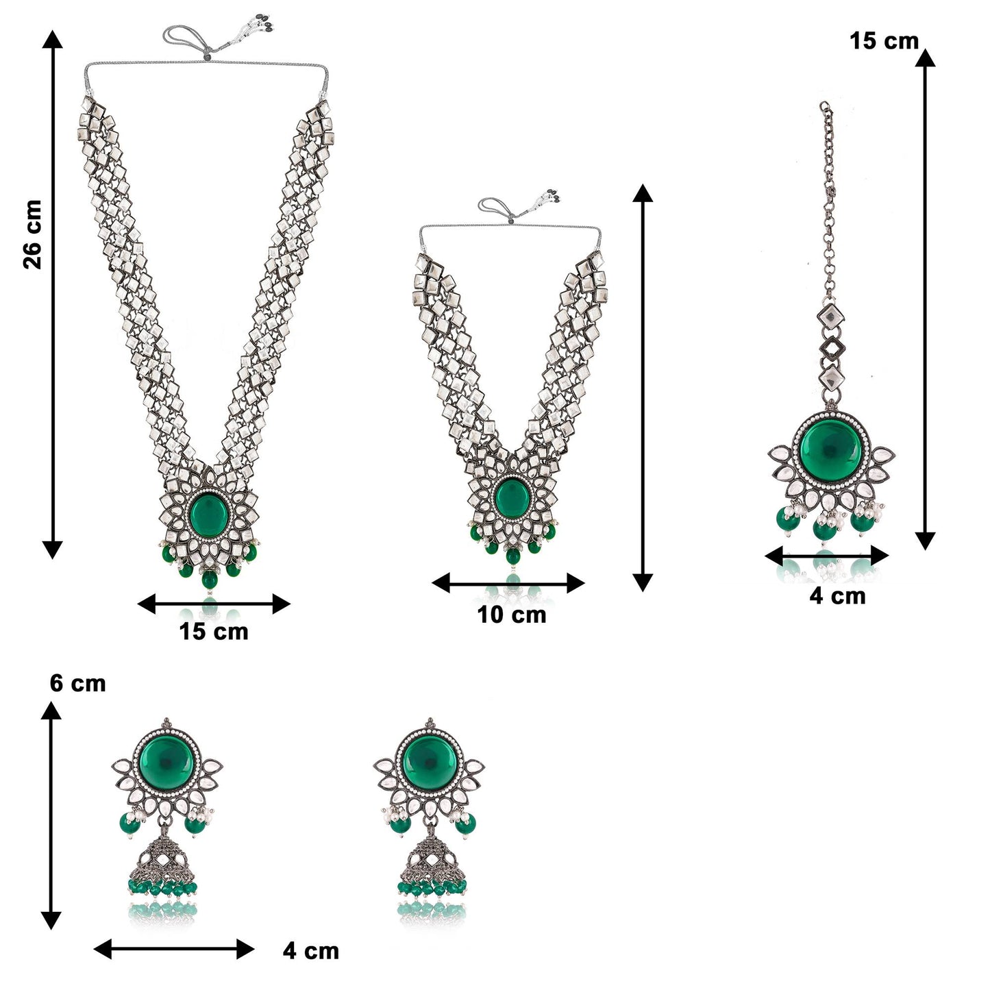 Silver Plated Long and Short Necklace with Green Gem Stones