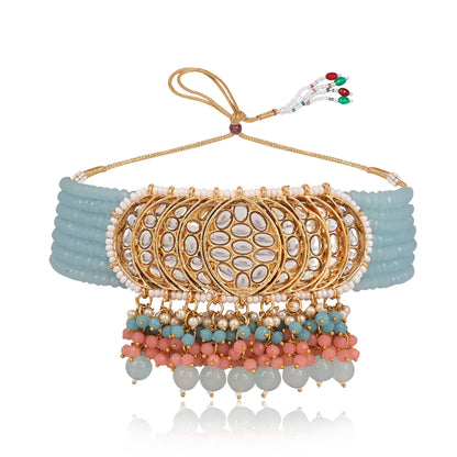 Designer Choker Piece with Unique Color Combination of Light Firozi and Gajari