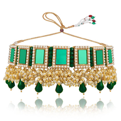 Green Glass Choker Necklace with Mirror Work and Thick Banaras Pearls