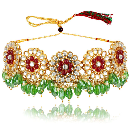 Ruby Gem stones along with kundan and rainbow green fittings