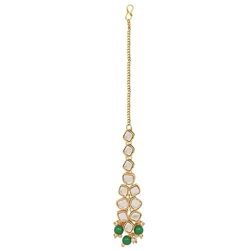 Gold Plated Kundan Necklace with Drop Earrings and Tikka
