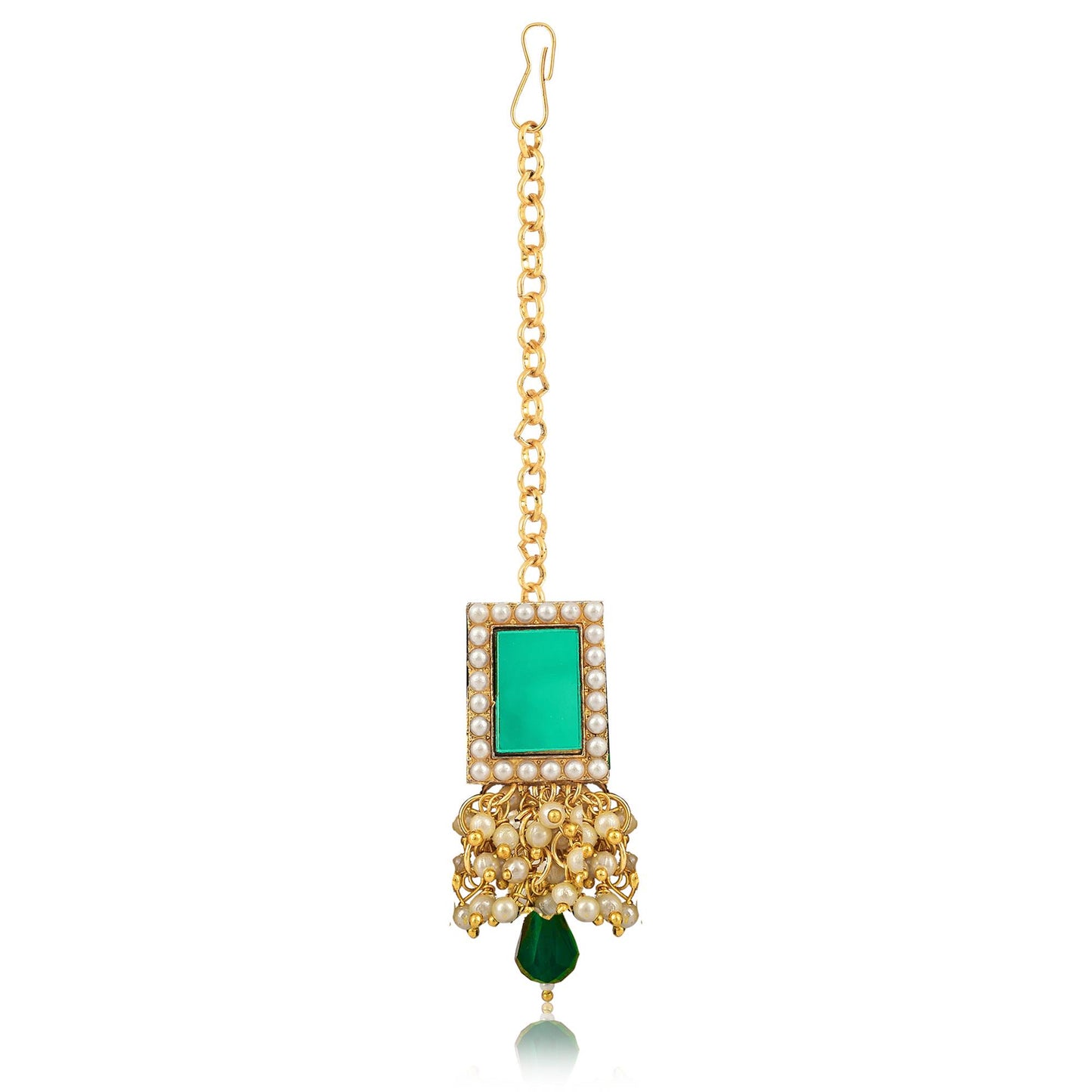 Green Glass Choker Necklace with Mirror Work and Thick Banaras Pearls