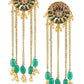 Studs Earrings with Classic Brass Chain and green beads