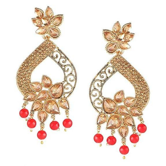 Gold Plated Earrings with LCT stones and Red Beads