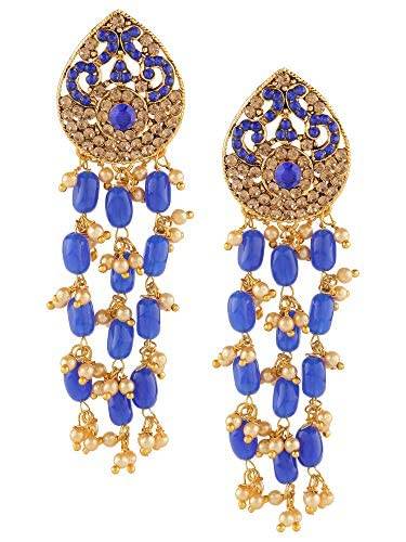 Studs Earrings with Classic Brass Chain and Blue beads