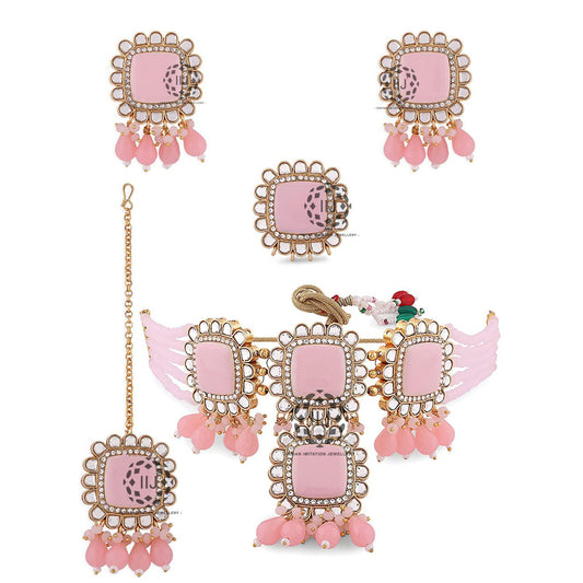 Elegant Pink Choker Set with Minakari hand work and pink drops