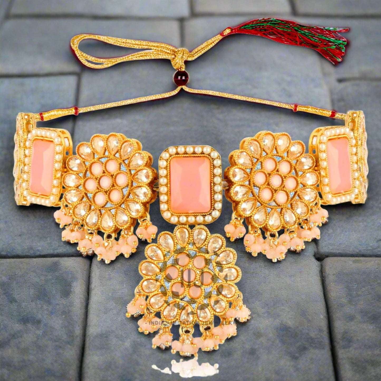 American Diamond Pasted Pink & White AD Choker Set with Kadi Fitting Jhumkis and Ring