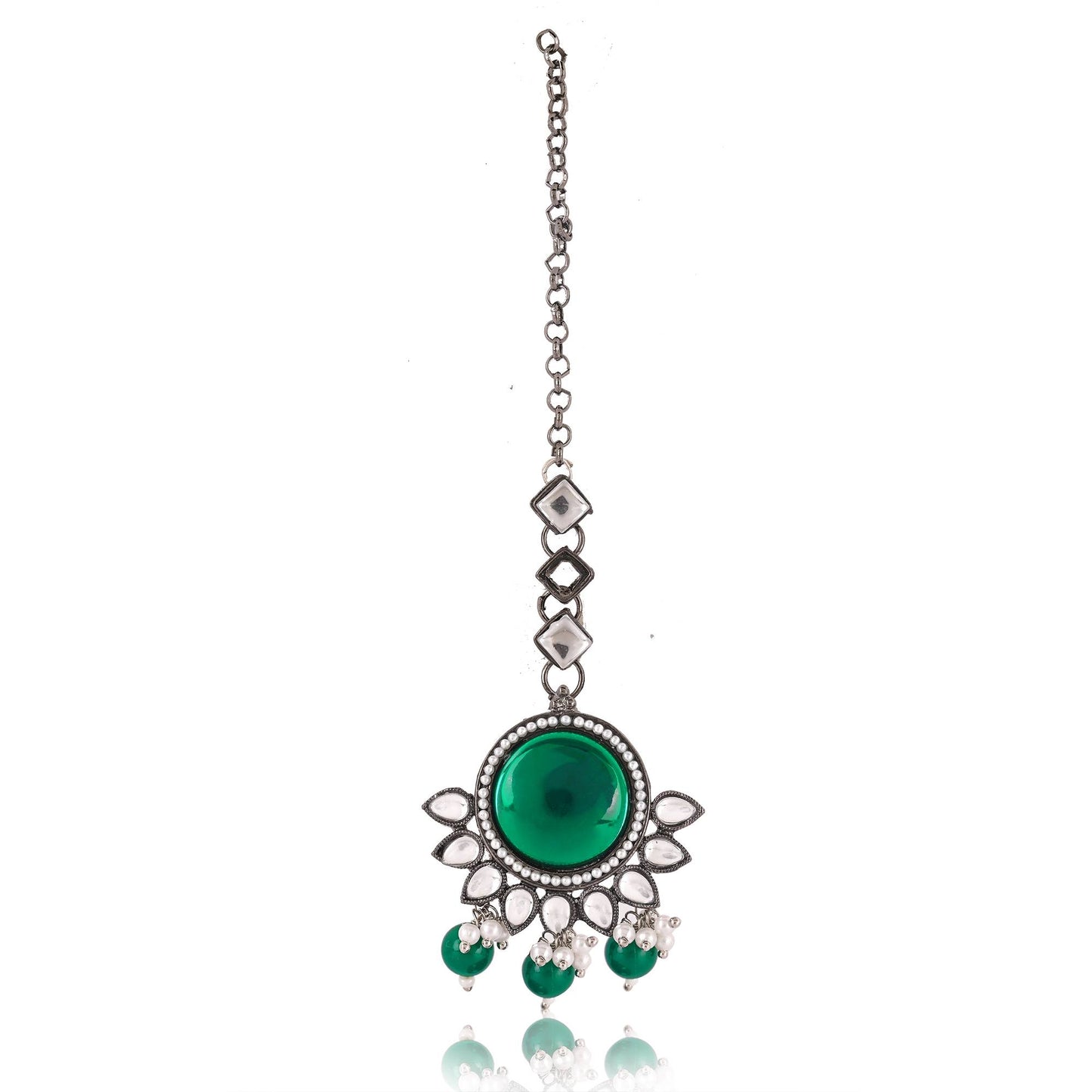 Silver Plated Long and Short Necklace with Green Gem Stones
