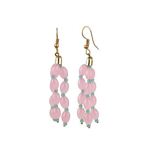 Long Layered Pink Mint Necklace with Drop Earrings