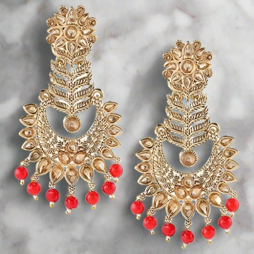 Gold Plated LCT Earring with Red moti fitting