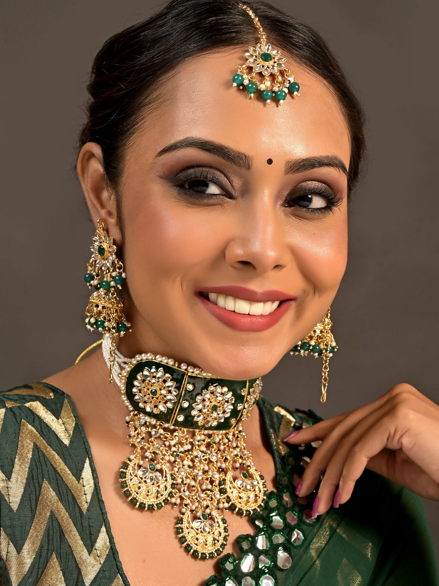 Exclusive Rajasthani Gold Imitation Kundan and Meenakari Choker Necklace Set with Earrings in Green Beads