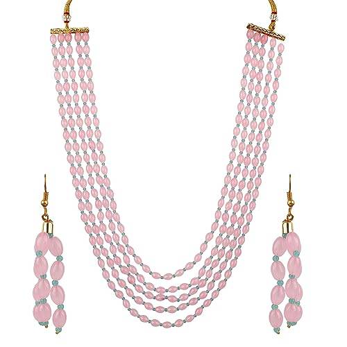 Long Layered Pink Mint Necklace with Drop Earrings