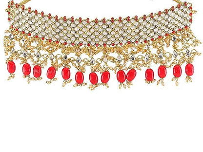 Gold Plated Choker Set with Red beads