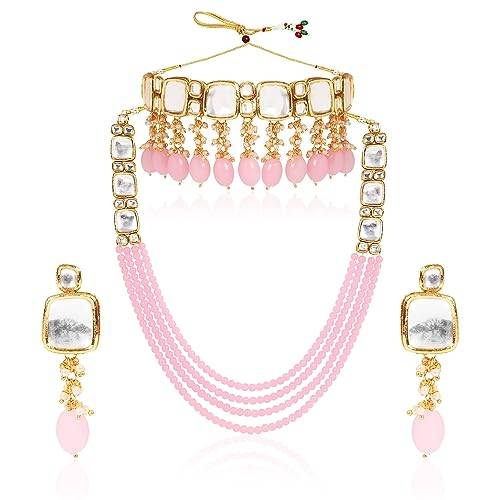 long layered necklace with pink beads