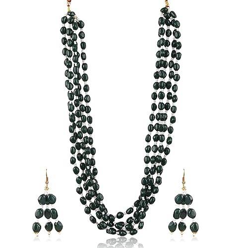 Long Layered Green Necklace with Drop Earrings